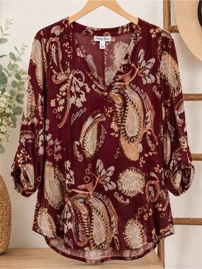 Paisley Grace 1X Burgundy Paisley V-Neck Tunic Blouse Boho Plus Size